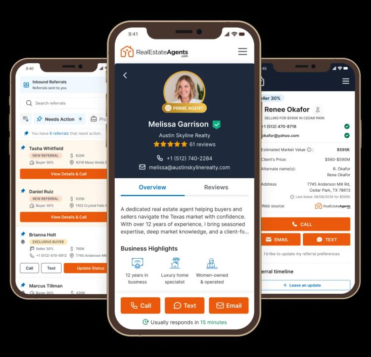 Agent referrals, agent profile and referral details displayed on mobile phones.
